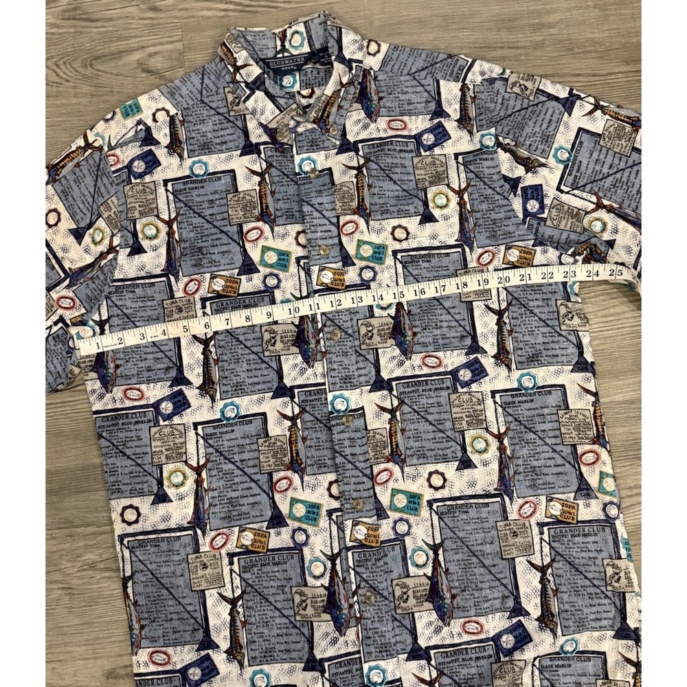 Vintage Bluewater Wear Shirt Mens XL Blue Hawaiian Fishing Nautical Marlin Tuna - Picture 4 of 6
